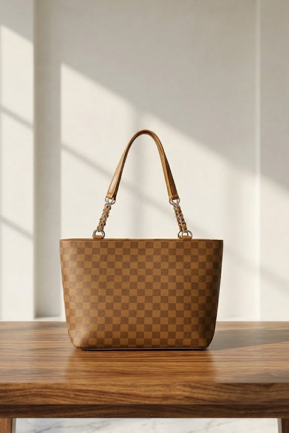 CHECKERED TOTE BROWN