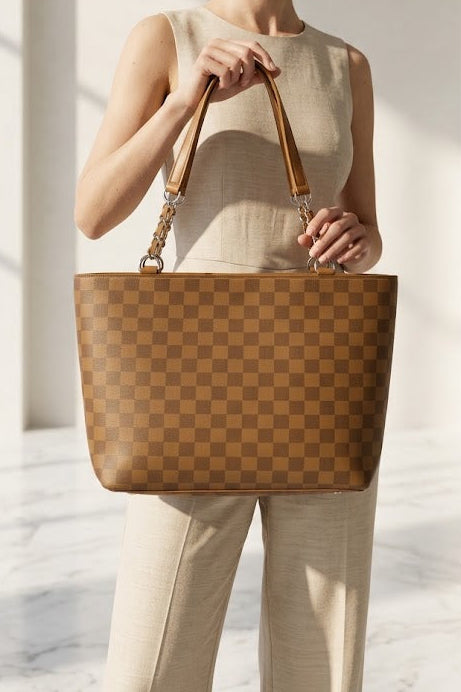 CHECKERED TOTE BROWN
